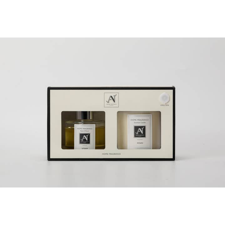 Set de Vela Perfumada y Difusor de Varillas Infame, Vidrio y Metal para venta al por mayor de Aroma Naturals