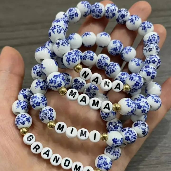 Our Home to Yours Candles & Gifts - Wholesale Beaded Bracelet - Blue White Beaded Bracelet Mimi, Mama, Nana, Grandma