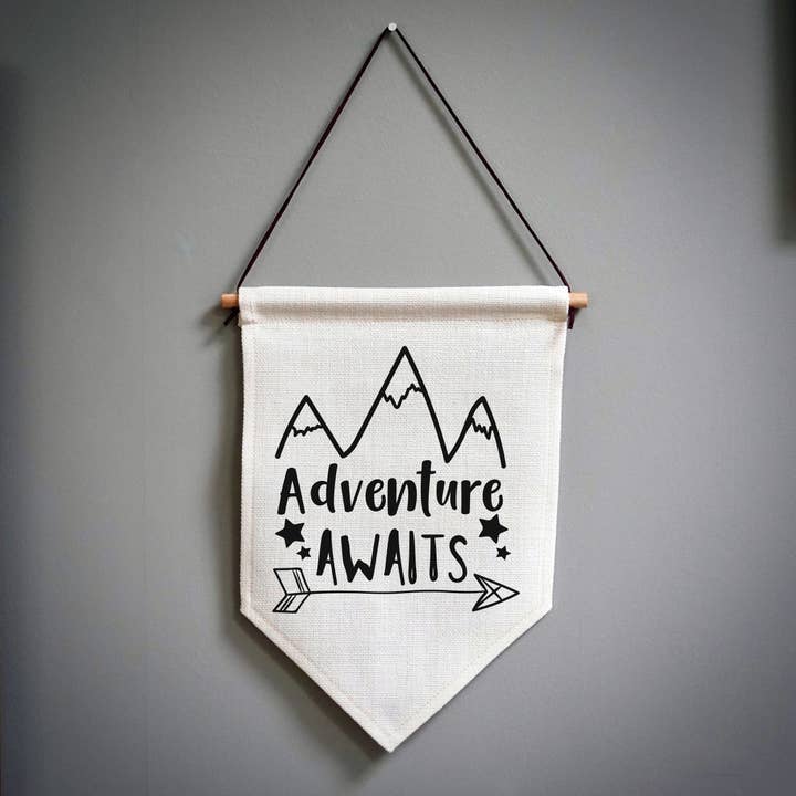 Adventure Awaits Script Pennant Mountains Flag for wholesale by EllieBeanPrints