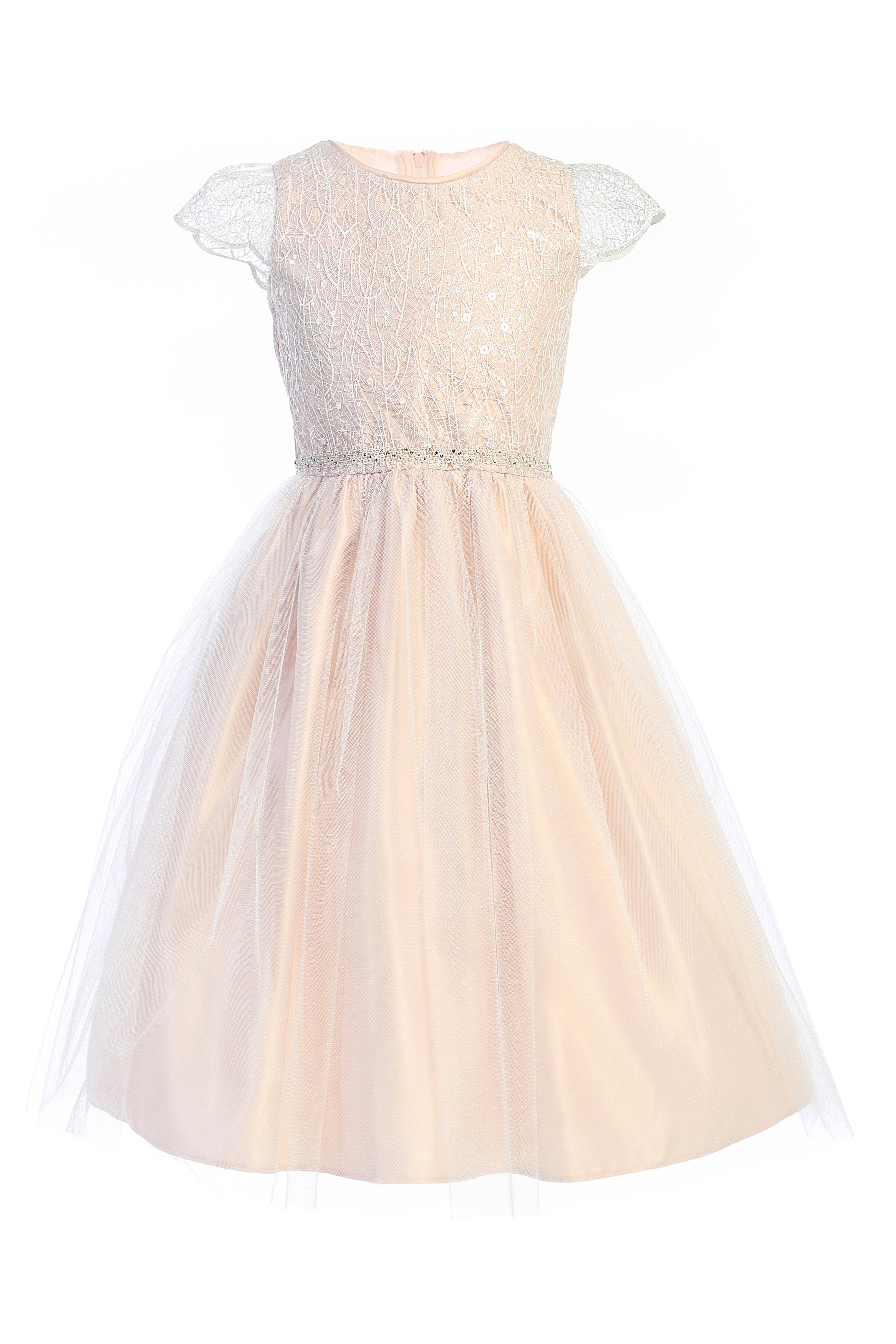 Sweet Kids, Inc. - Wholesale Dress - Kids - SK898 -sequin scallop sleeve lace with satin & crystal tulle0