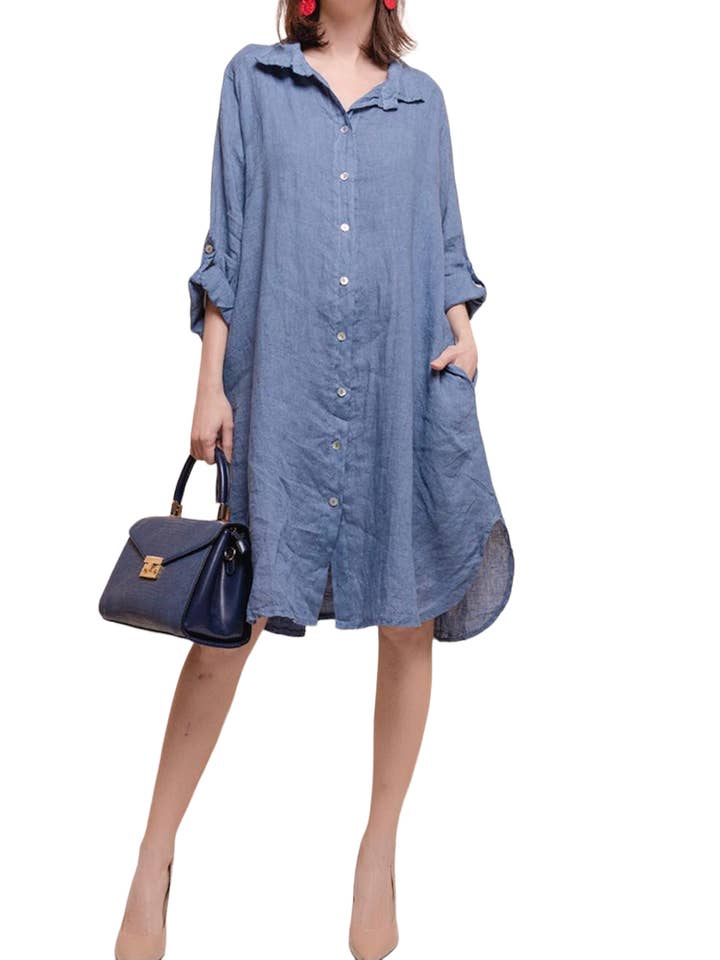 la maison des fibres naturelles - Wholesale Dress - Women's - Mid-length buttoned shirt dress 100% linen 693190