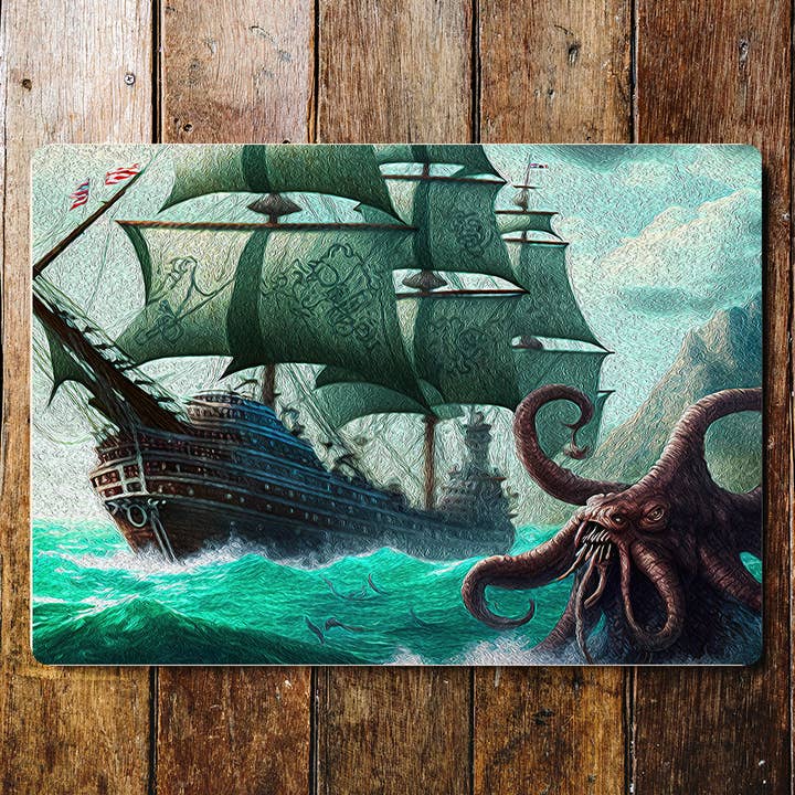 Plaque en métal représentant un motif de poulpe géant, Kraken Fantasy Pirate Ship pour la vente par The British Metal Signs Company
