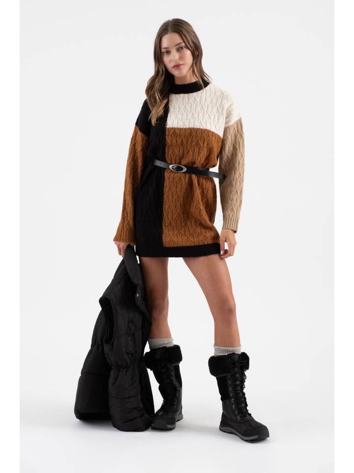 Blu Pepper - Wholesale Dress - Women's - COLORBLOCK CREWNECK LONG SLEEVE KNIT SWEATER DRESS