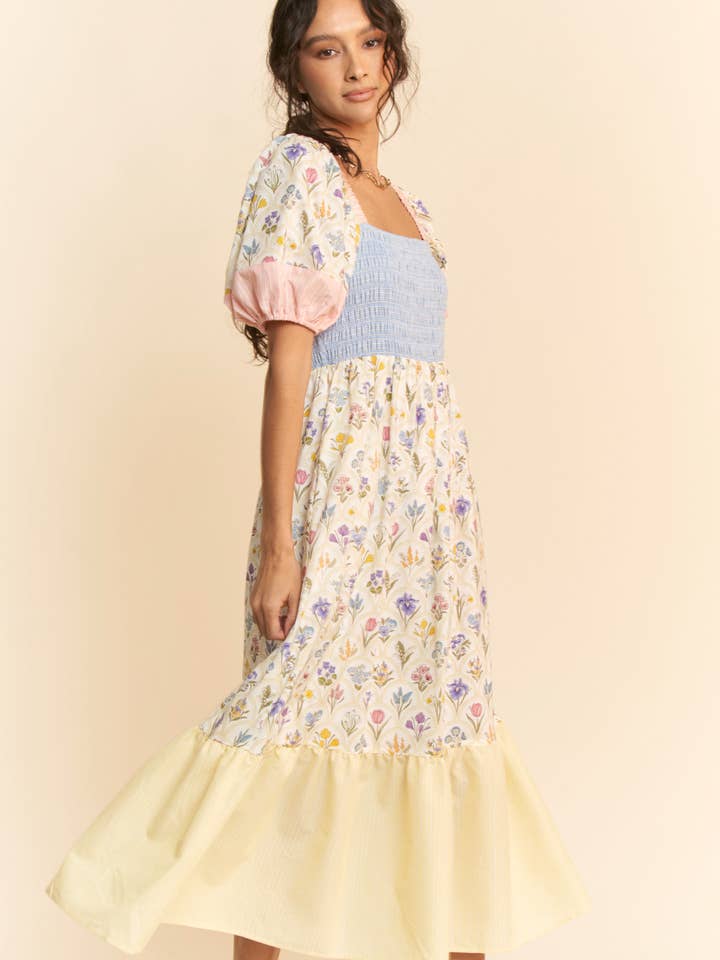 PASTEL YELLOW MULTI FLORAL BOUQUET WALLPAPER PUFF SLEEVE TIERED DRESS for wholesale on Faire2
