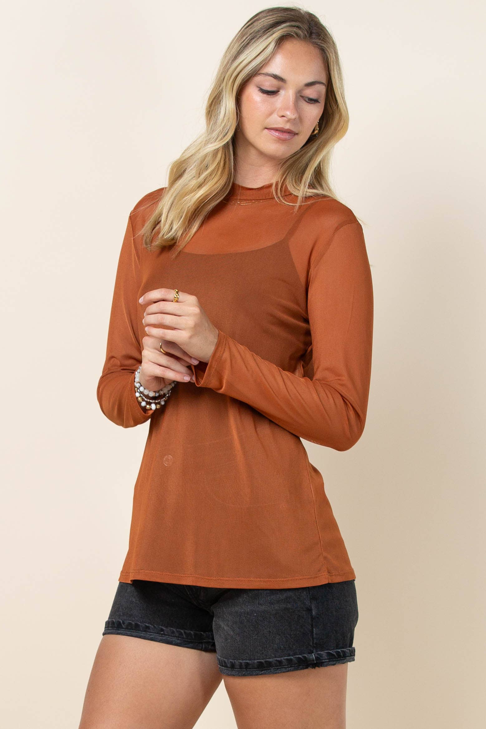 Cinnamon AV1230-CHASE SOLID SEMI SHEER MESH TOP for wholesale on Faire10