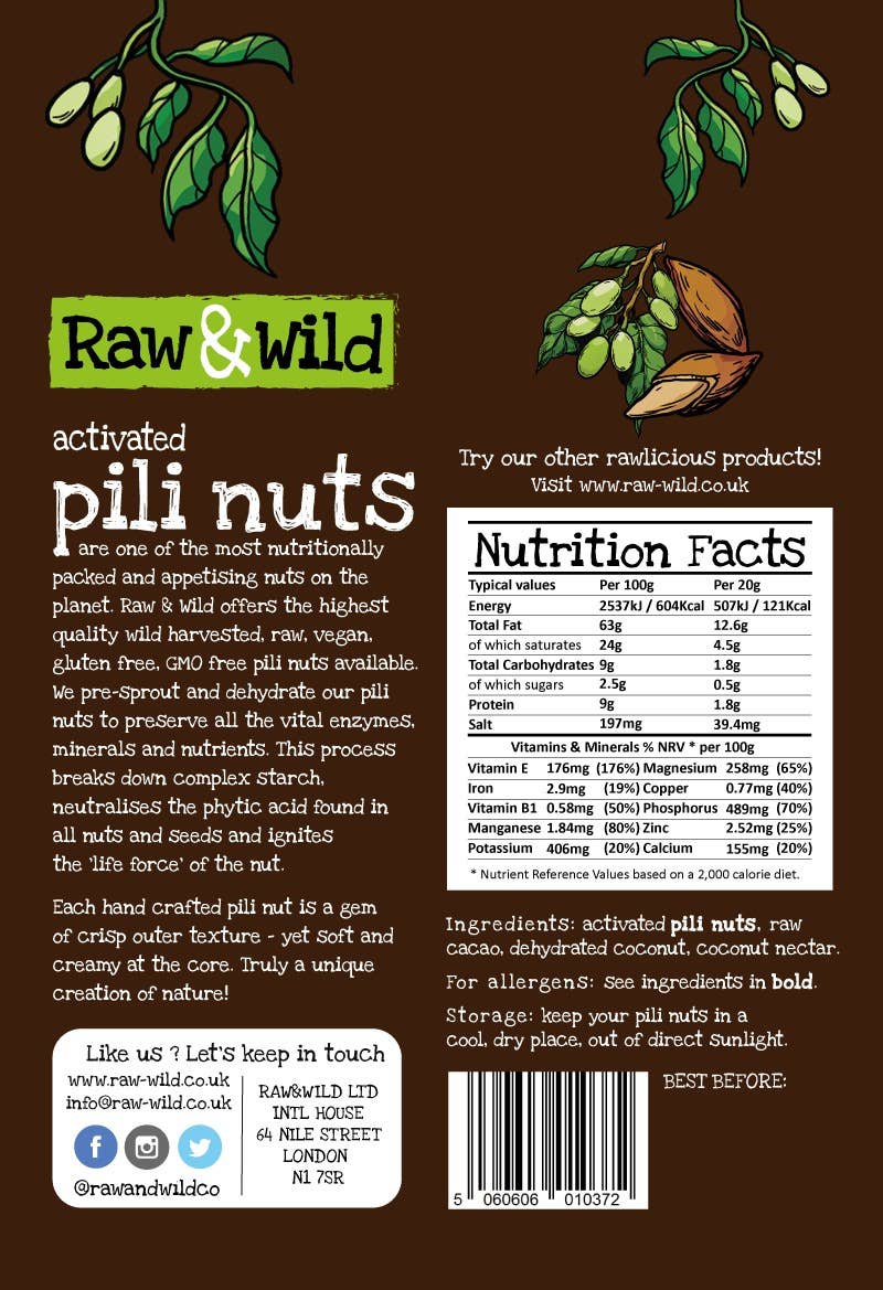 RAW & WILD – wholesale Chocolate-covered sweets – 70g Activated Raw Chocolate & Coconut Pili Nuts1
