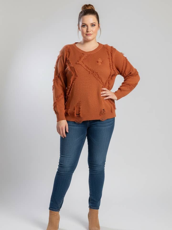 Pull rouille grande taille effet déchiré (JX091) pour la vente par Pomme Rouge Paris