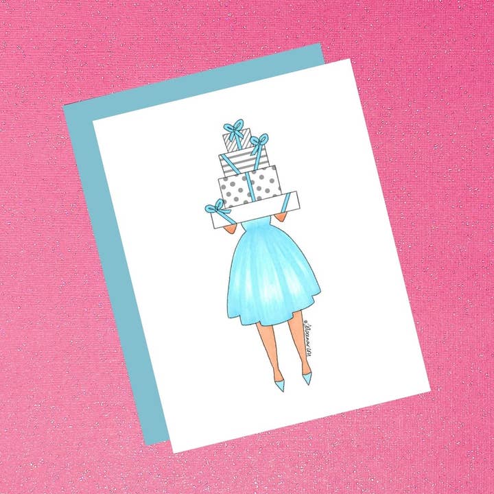 Girl Holding presenta una feria de tarjetas de ilustración de moda azul para venta al por mayor de Tiffany Ascensio Designs | Watercolor Greeting Cards