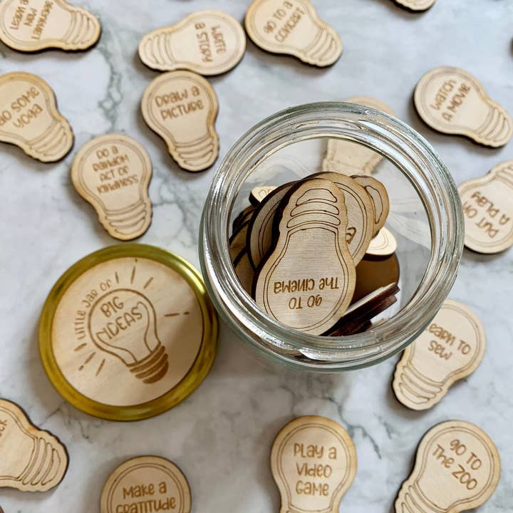 Little Jar of Big Ideas, Personalised Engraved Wooden Activity Tokens, Kids Activity Tokens, School Holiday Tokens, Fun activities for wholesale by Resplendent Aurora