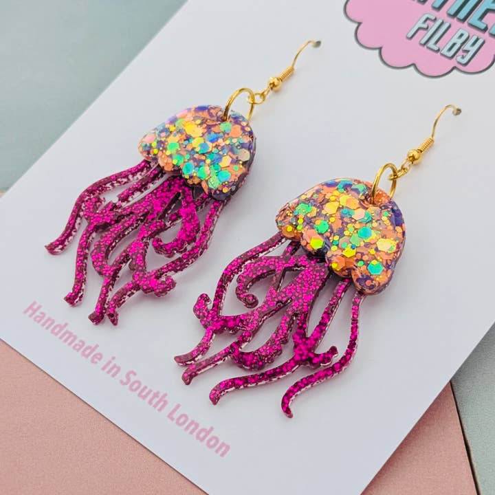 By Heather Filby - Wholesale Dangle Earrings - Orange and Hot Pink Jellyfish Glitter Earrings - Best Seller3