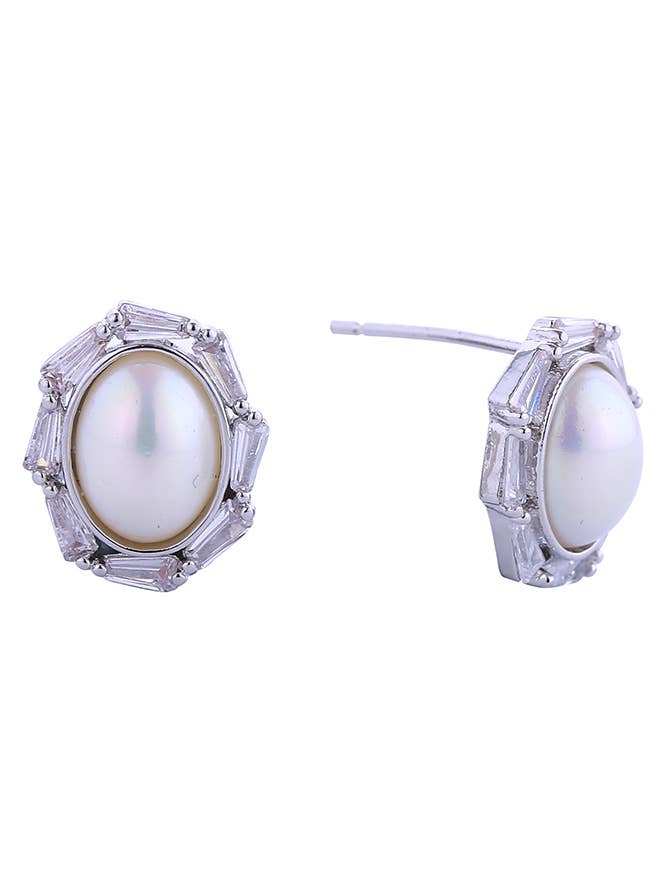 14K Oval Pearl Pave CZ Post Earrings for wholesale by Hana