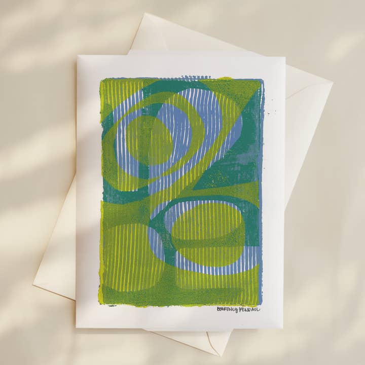 Gelli Print Card- Teal, blue, and chartreuse for wholesale by Courtney Kendall Art