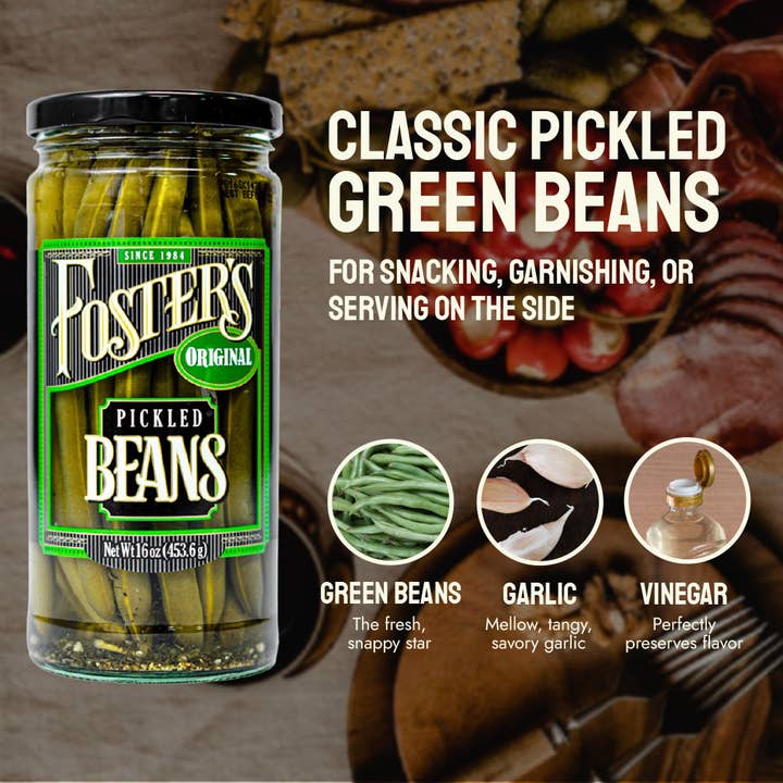 Foster's Pickled Products - Wholesale Pickled Vegetables - Foster's Pickled Green Beans - 16oz (6 pack)1