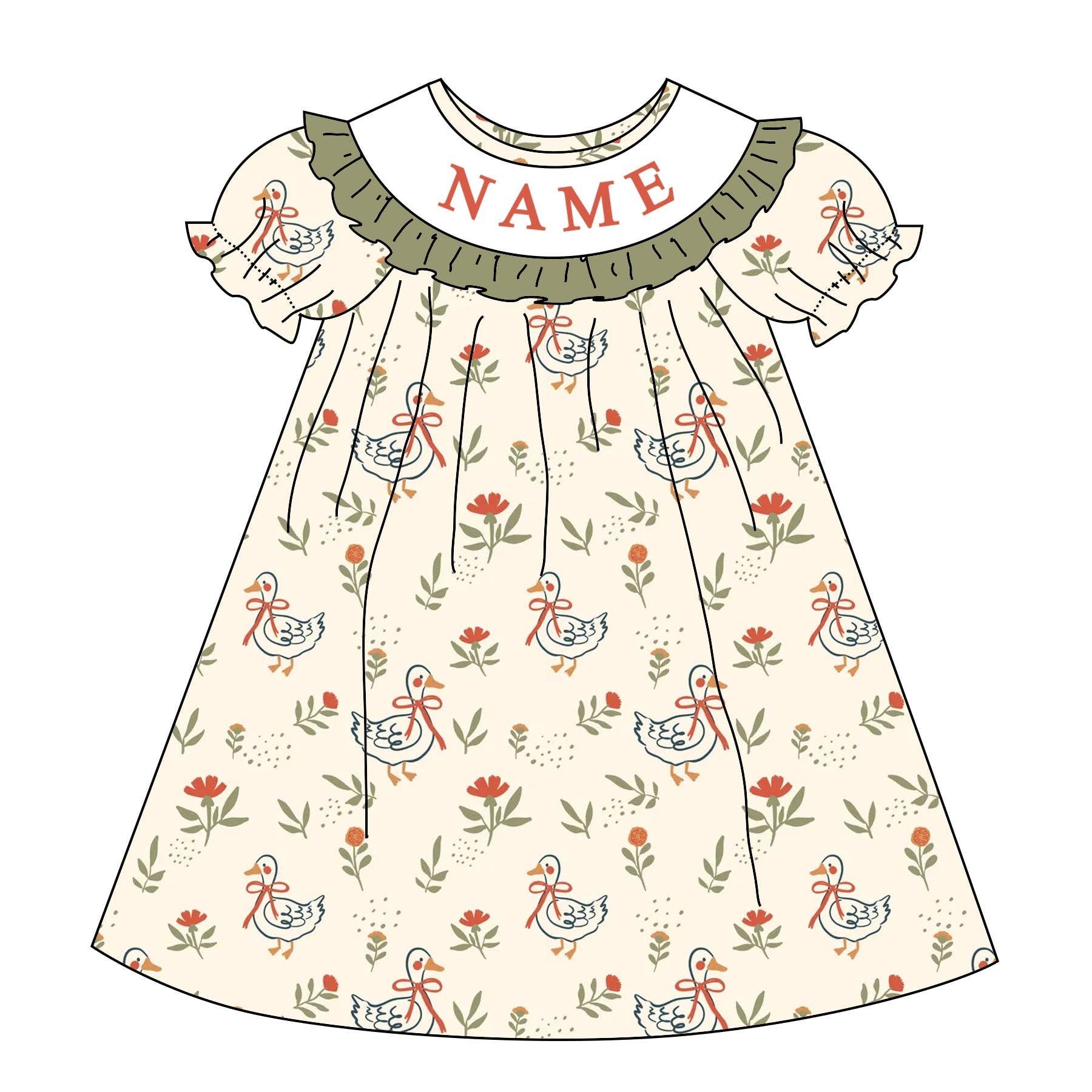 Auraquise - Vente Robe – enfant - Robe et barboteuse "Oie Folle" avec broderie personnalisée du nom pour filles0