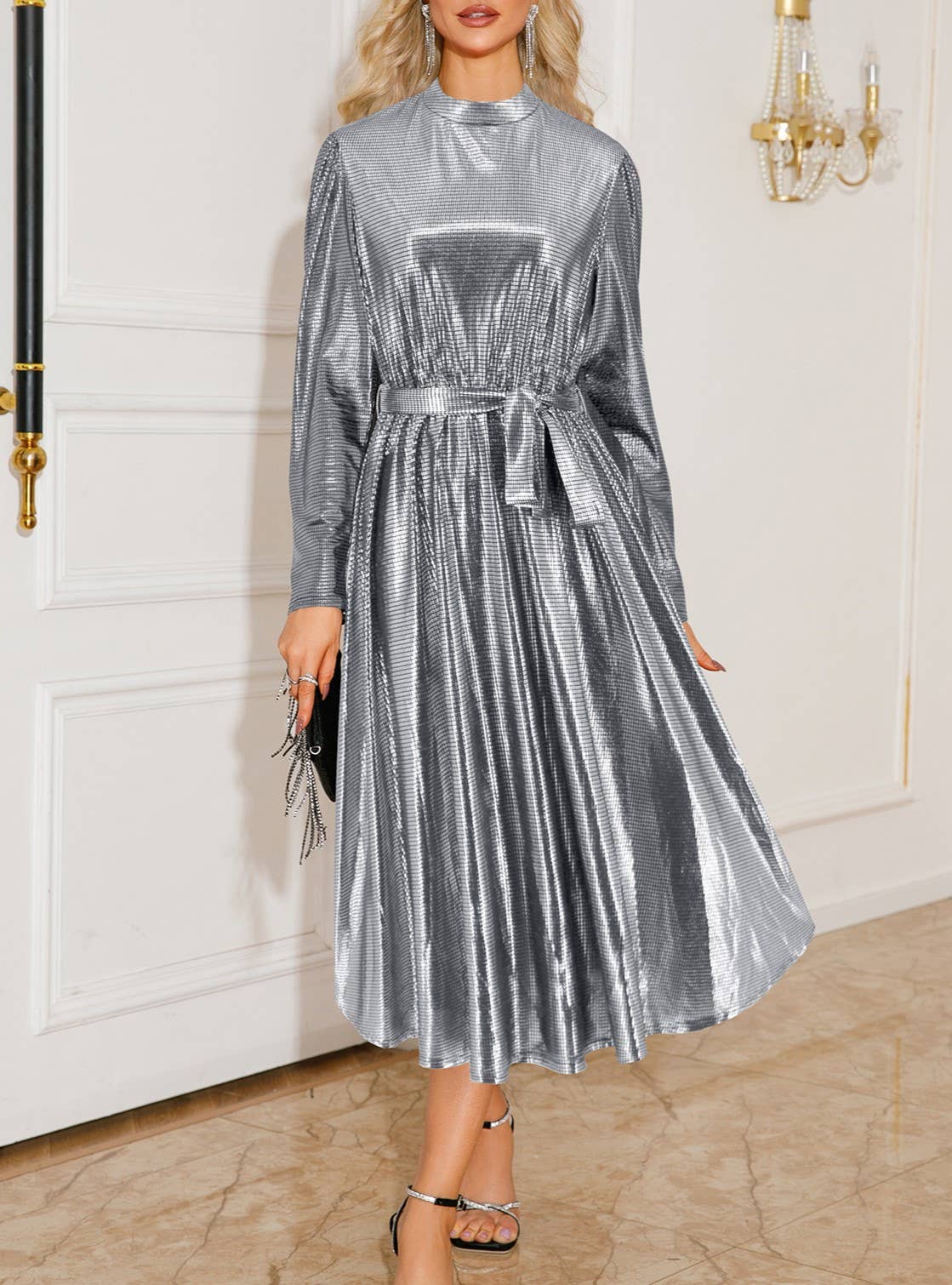 HIDDENBRAND - Wholesale Dress - Women's - Shiny Crewneck With A Large Swing Midi Dress6