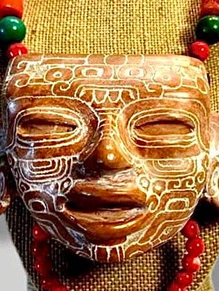 Teotihuacan Mask Pendant Necklace carved in ceramic, Mexican Pre-Hispanic symbols engraved - Pre-Columbian Jewelry for wholesale by OllinMexica