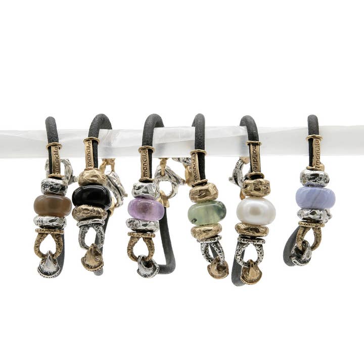 Bracciale cuoio argento bronzo e pietra semipreziosa - BA123 per la vendita all'ingrosso da parte di Mandile Gioielli