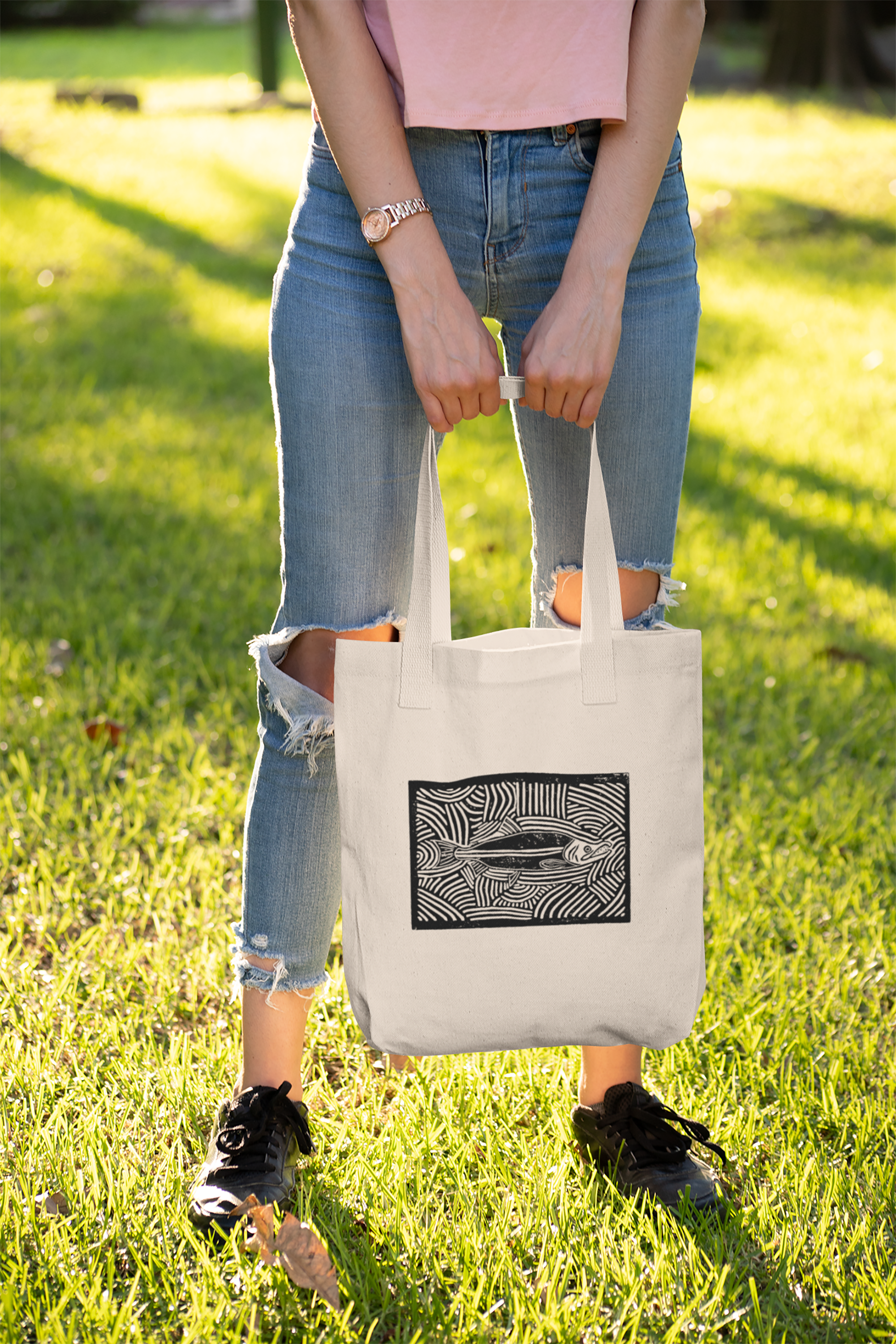 Our Wild Puget Sound - Wholesale Tote Bag - Unisex - Salmon Block Print Organic Cotton Tote Bag2