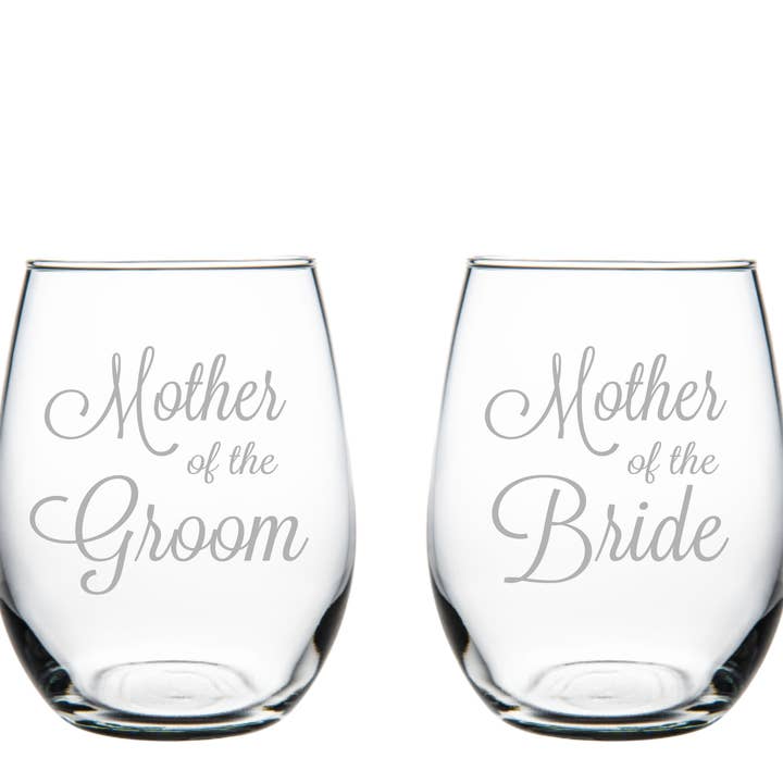 Father and Mother of the Groom and Bride beer and stemless wine glass set (of 4) for wholesale by C&M Personal Gifts