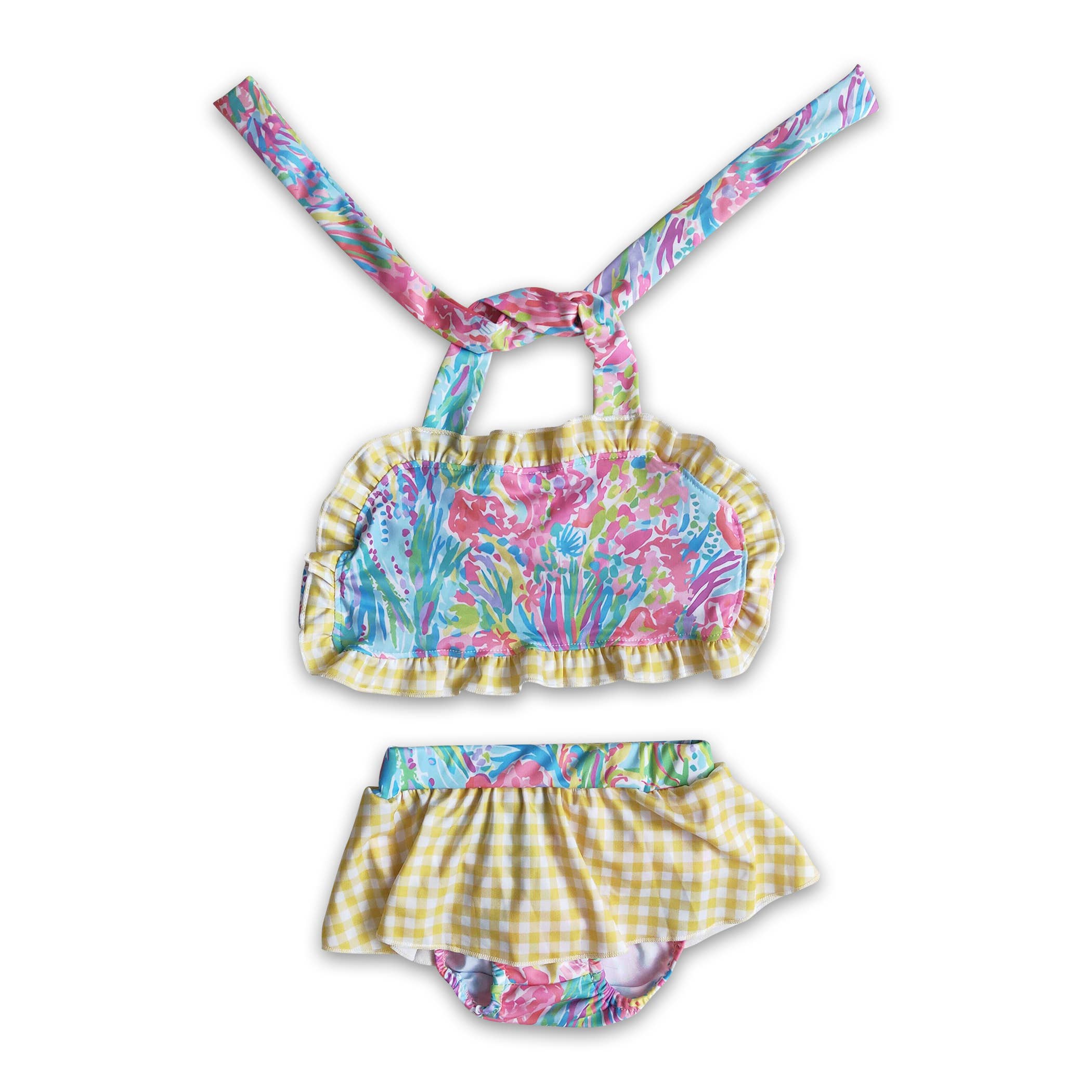 Yawoo Garments - Wholesale Two Piece Swimsuit - Kids - Tie dye print  yellow gingham baby girls summer swimsuit0