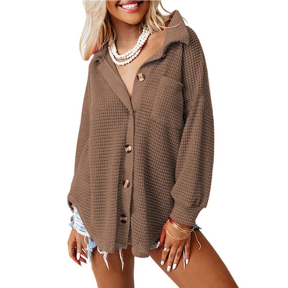 safistyle - Wholesale Button Down Shirt - Women's - Loose Waffle Knit Casual Shirt in Apricot2