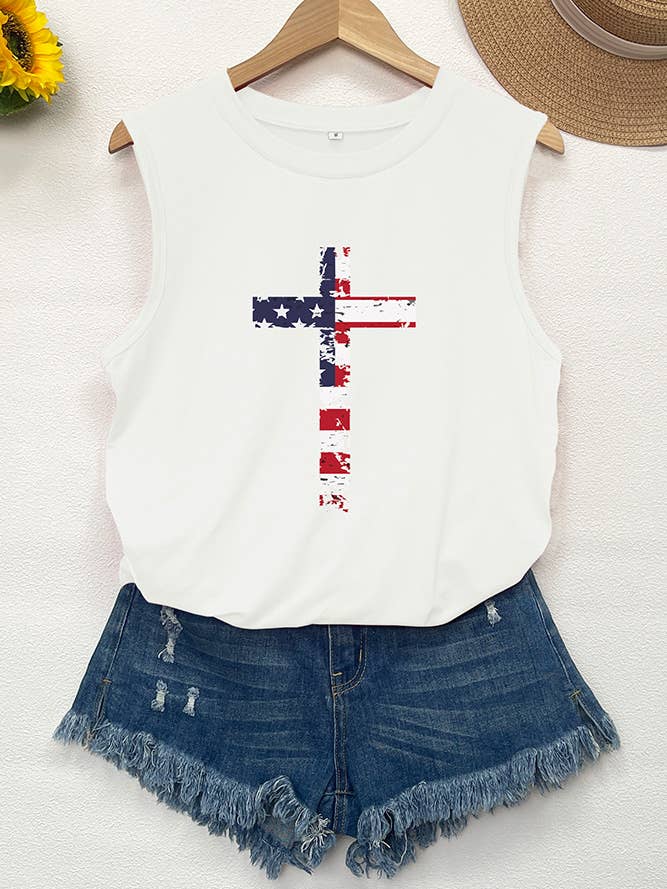 UNISHE - Wholesale Tank Top - Women's - USA Flag Cross Christian Print Graphic Tank Top STC125D50