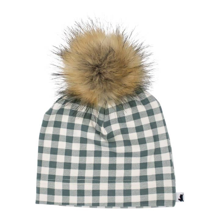 Baby/Kid's Pom Pom Beanie | Eucalyptus Gingham for wholesale by Little & Lively