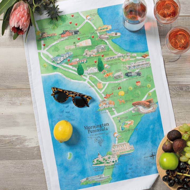 Tea Towel Mornington Peninsula 2.0 Wine Region Map for wholesale by Australian Map Gifts