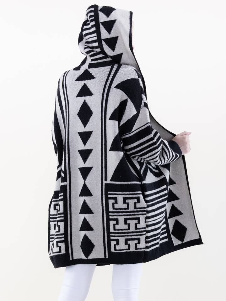 Original USA - Vente Cardigan – femme - Cardigan à capuche géométrique confortable et surdimensionné1