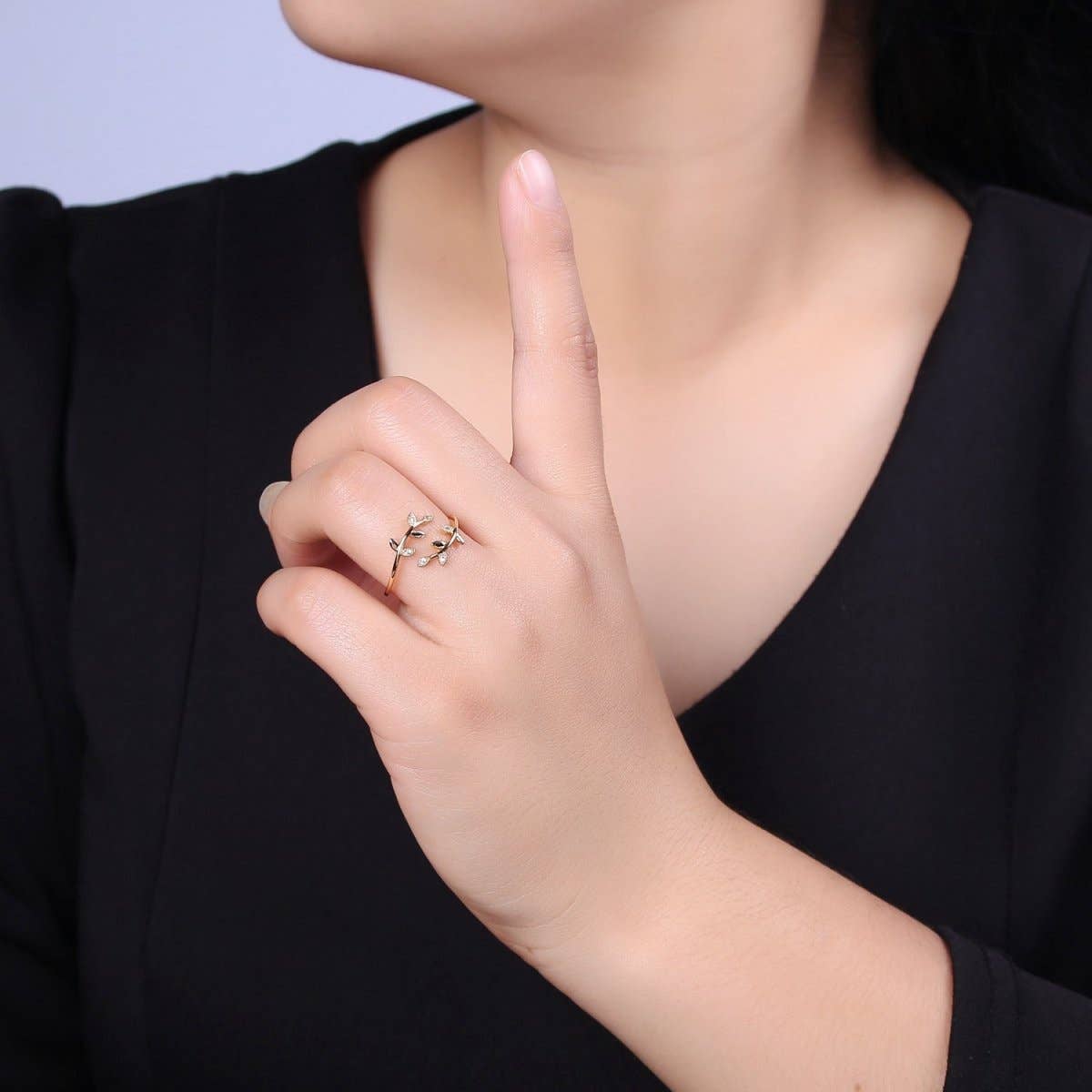 Aim Eternal - Wholesale Multi-Stone Ring - Micro Pave Olive Vine Leaf Adjustable Ring, Crystal Cubic Zirconia CZ Mother Nature Stacking Ring, Minimalist 16K Gold Filled Ring, Gift For Her Plant Mom U-4361