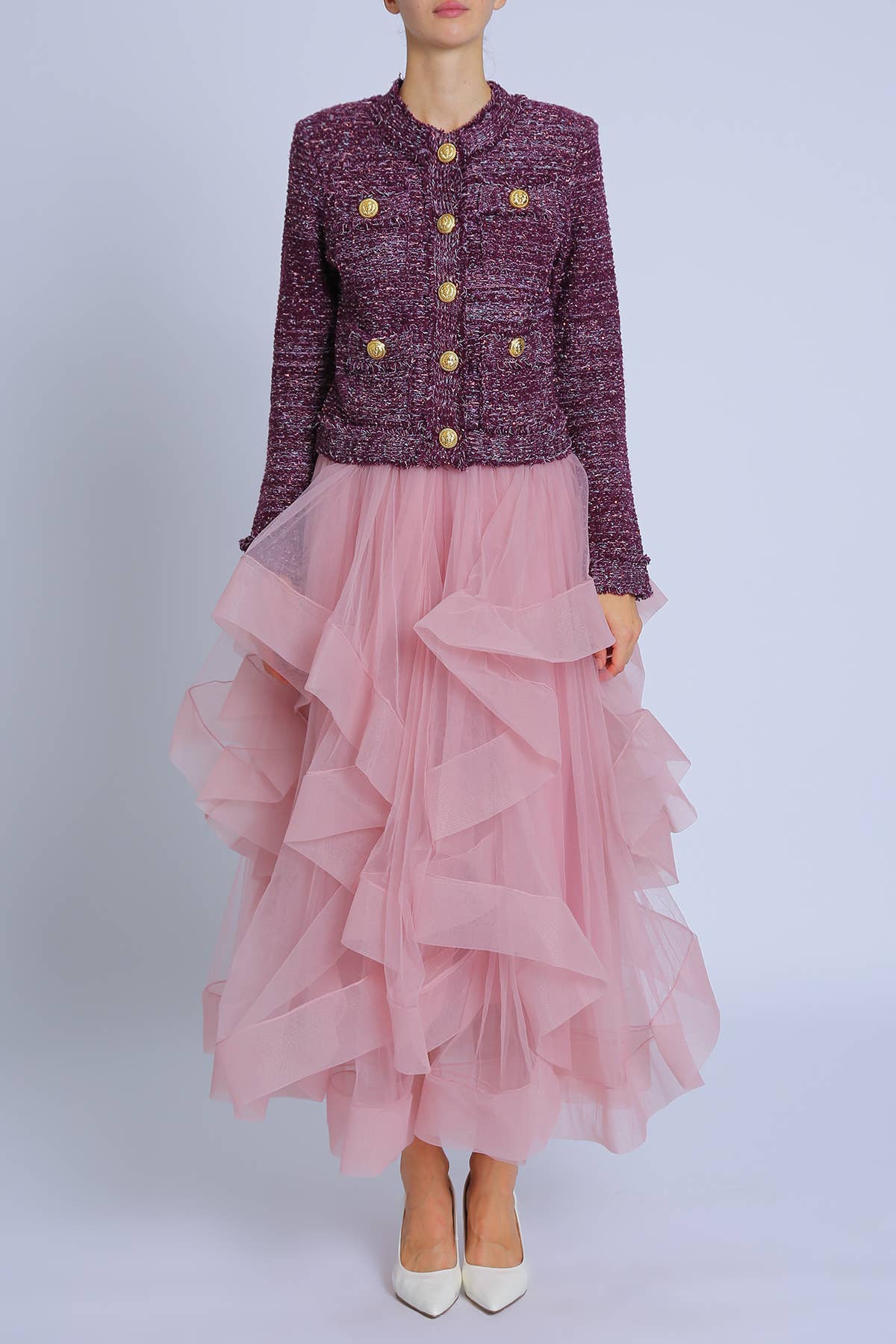 Plum Fringe Trim Detail Tweed Jacket PC4187 for wholesale on Faire2