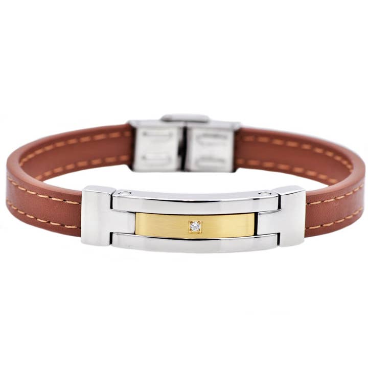 Mænds brun læder og guld rustfrit stål armbånd med Cubic Zirconia for engroshandel hos Blackjack Mens Jewelry