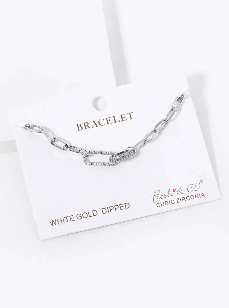 Wild Honey - Wholesale Link & Chain Bracelet - White Gold Dipped CZ Pave Link Chain Bracelet2