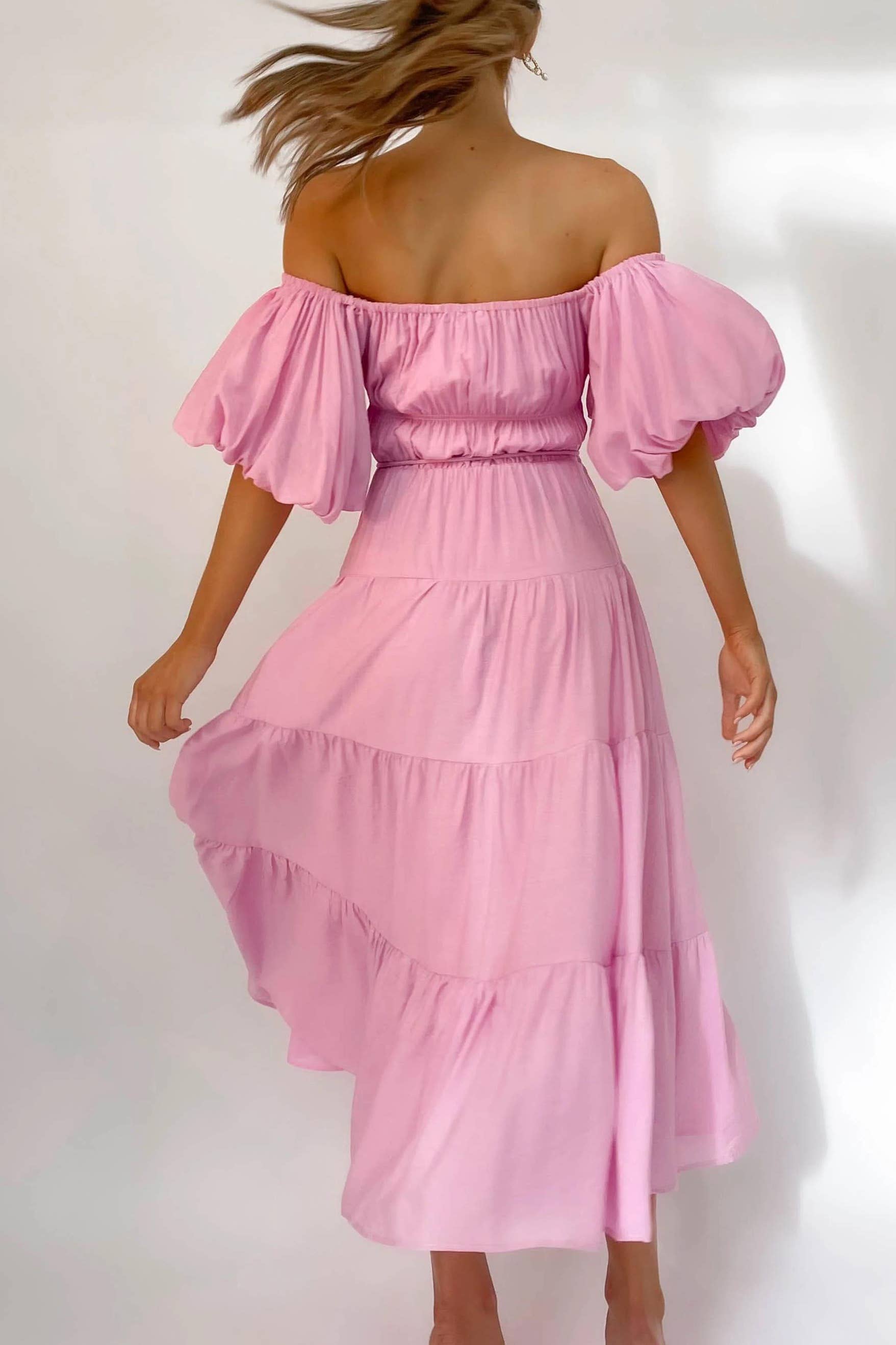 ESLEY – Vestido - Mulher por atacado – D2023ES0006-Puff mangas fora do ombro vestido maxi3