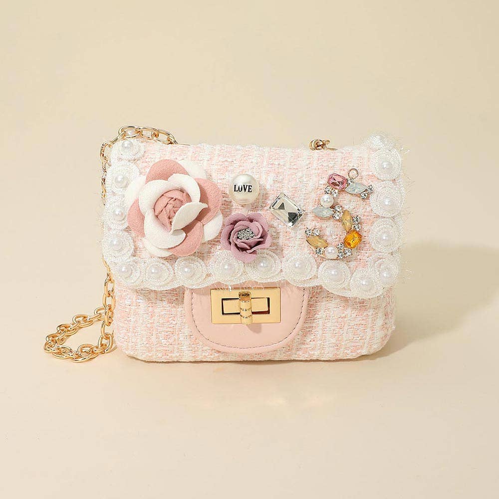 Sensibling Corp. - Wholesale Crossbody Bag - Women's - Floral Pearl Stone Cluster Embellished Tweed Mini Handbag / Crossbody Bag6