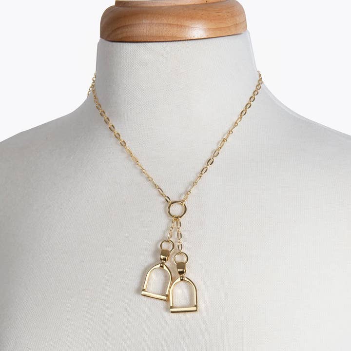 Langley - Equestrian Double Riding Stirrup Necklace in Gold for wholesale by URBAN-EQUESTRIAN