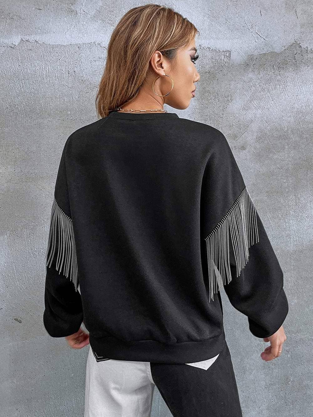 Fashion Combination - Wholesale Blouse - Women's - solid fringe detail drop shoulder sweatshirt5