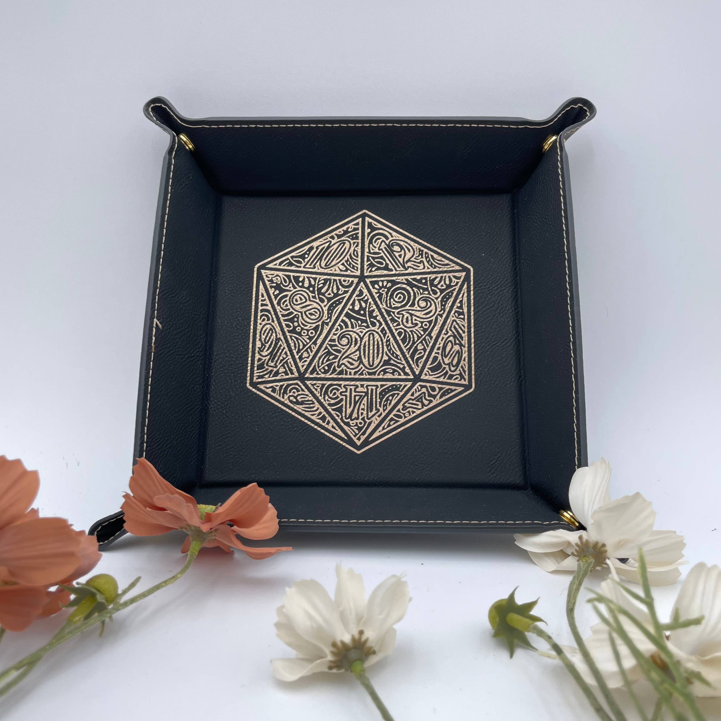 EBONWOOD - Wholesale Dice - Gilded D20 Dice Tray - Vegan Leather DnD Dice Rolling Tray