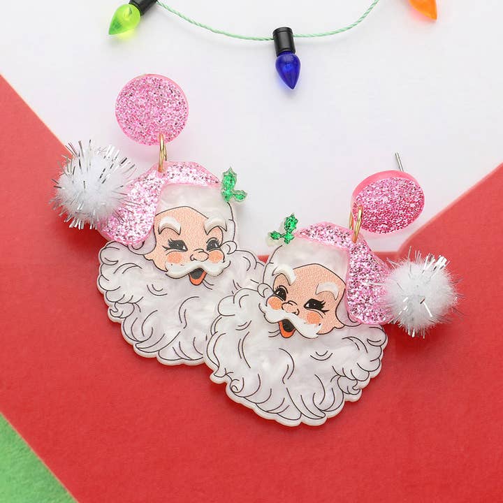 Wona Trading, Inc. - Wholesale Dangle Earrings - Glittered Resin Pom Santa Dangle Earrings