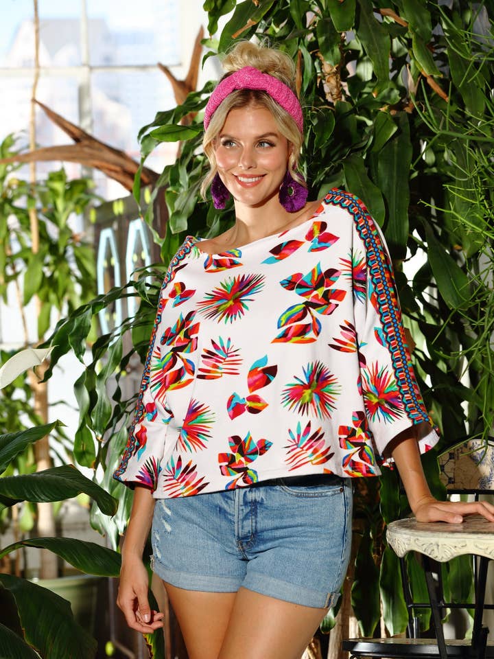 SeaRenity White Fiesta Leaf French Terry Maysa Top w/ Trim for wholesale by KikiSol