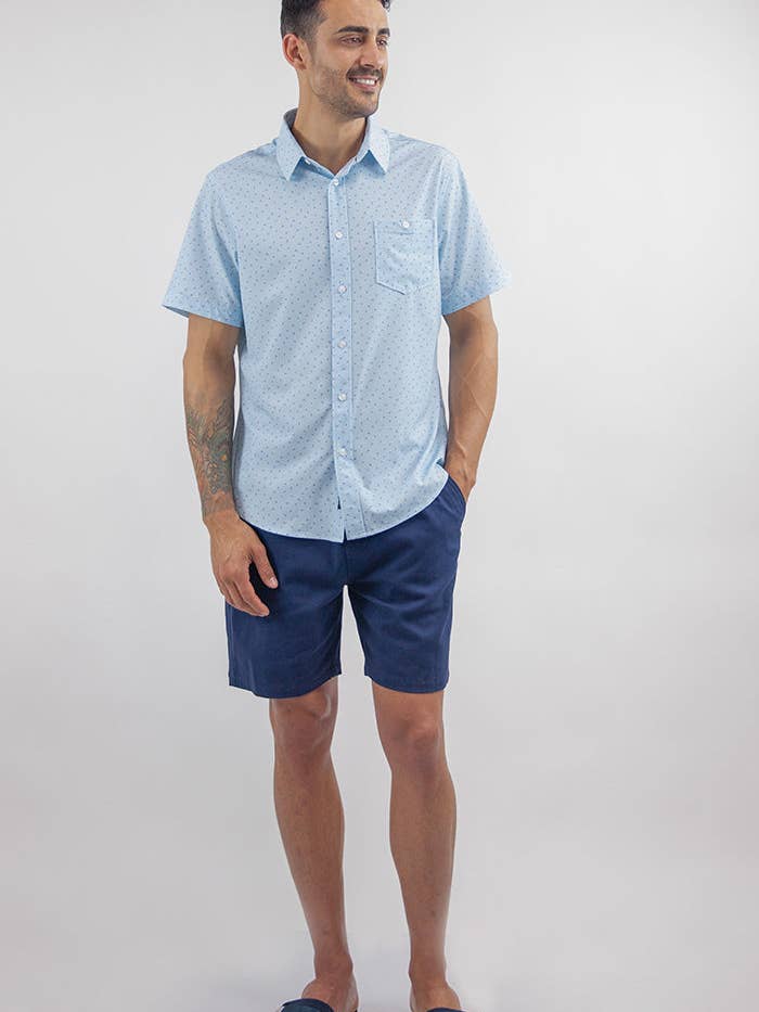 Light Blue Printed Short Sleeve Poly Spandex Shirt for wholesale on Faire