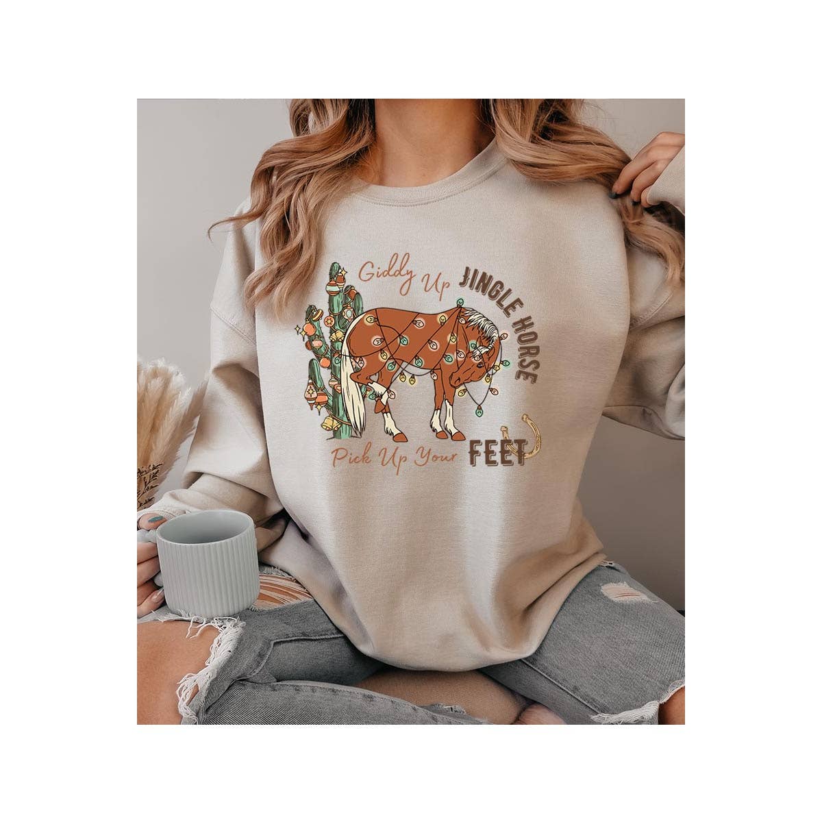 COLORBEAR – Engroshandel Grafisk Sweatshirt - Dame – Giddy Up Jingle Horse jule-unisex sweatshirt med fleece7