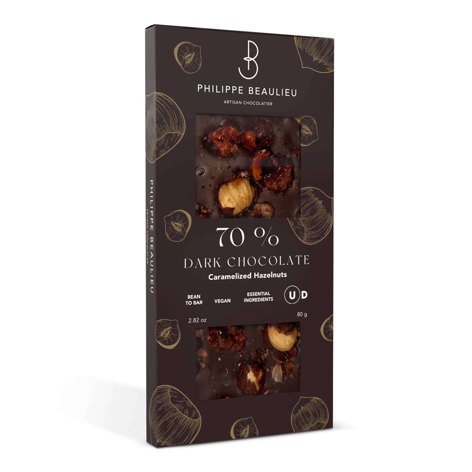 Philippe Beaulieu Artisan Chocolatier - Wholesale Chocolate Bar - Chocolate Bar - 70% Dark Caramelized Hazelnuts1