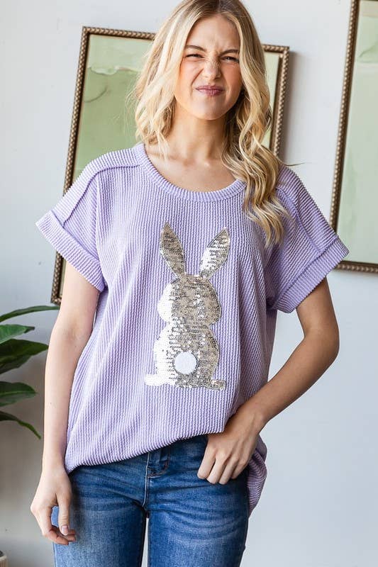 HEIMISH - Wholesale Blouse - Women's - ET7822-10 SHORT SLEEVE SOLID URBAN RIBB TOP WITH RABBIT2