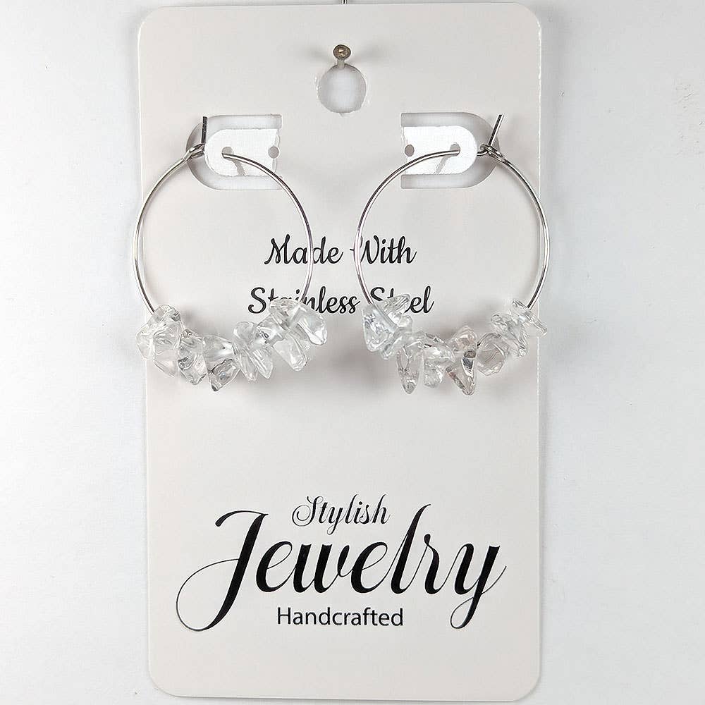 Stylish Jewelry Supply - Wholesale Dangle Earrings - Stainless Steel Hoop Clear Quartz Gemstone Chips Earrings0