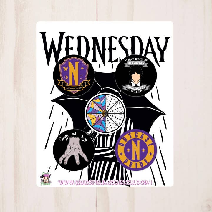 Wednesday, Pin Back Button Set for wholesale by Graceful Darkness, LLC