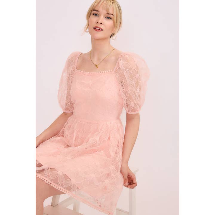 3D FLORAL PLAQUE FABRIC BABYDOLL MINI DRESS WITH EDGE LACE T for wholesale by Sweet Generis