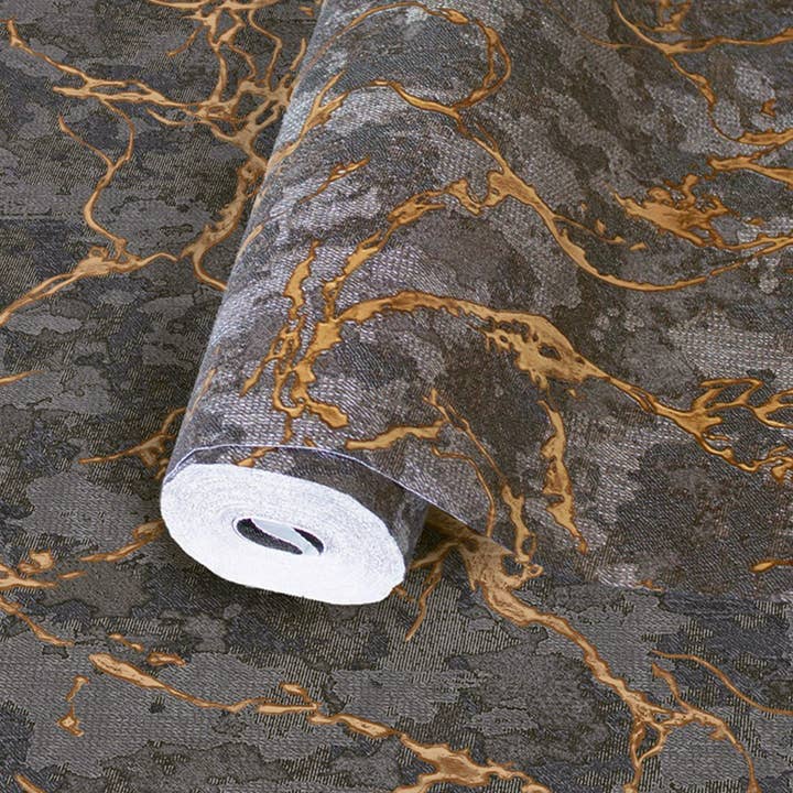 Walloro Luxury Embossed Wallpaper – Rolo de papel de parede por atacado – Belo papel de parede texturado preto com relevo profundo, ouro brilhante e tradicional, não colado, largo 178 pés quadrados rolo, lavável3