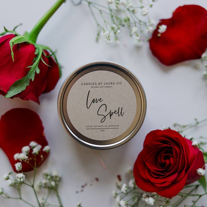 Candles By Laura - Wholesale Travel Candles - Love Spell 8 oz Soy Gift Tins1