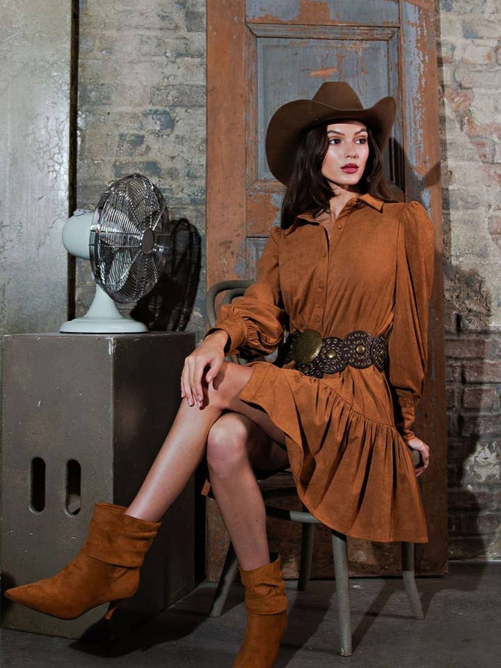 PORSHA – wholesale Dress – Women's – Western Faux Suede Shirt Dress0